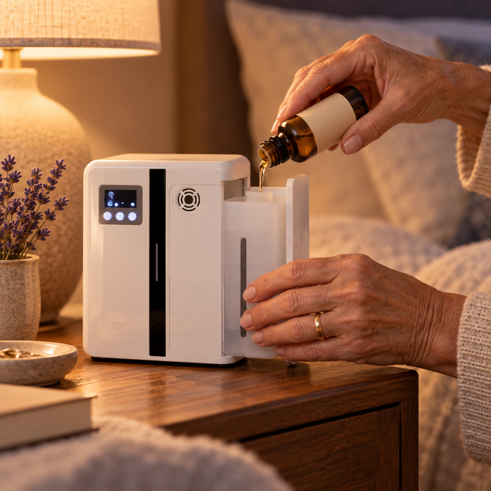 Pouring essential oil into the diffuser