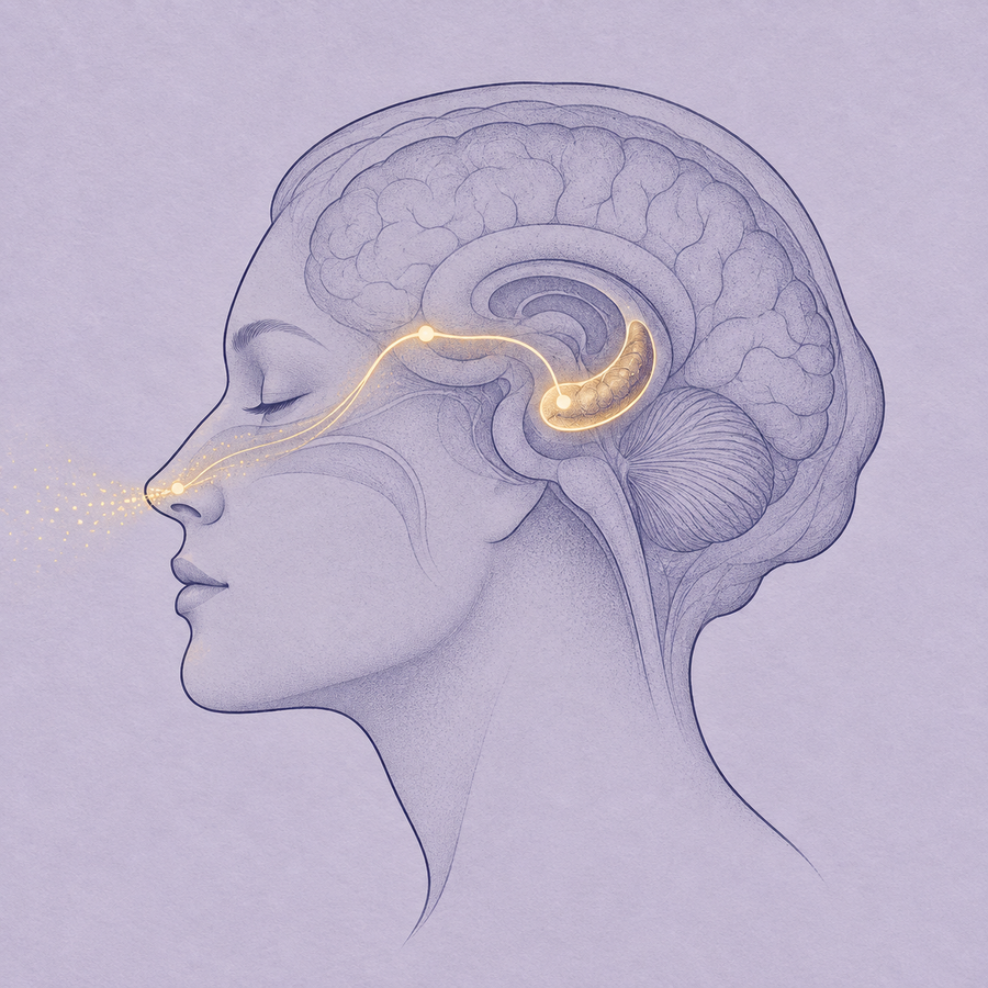 Line drawing of the scent pathway from the nose to the memory center